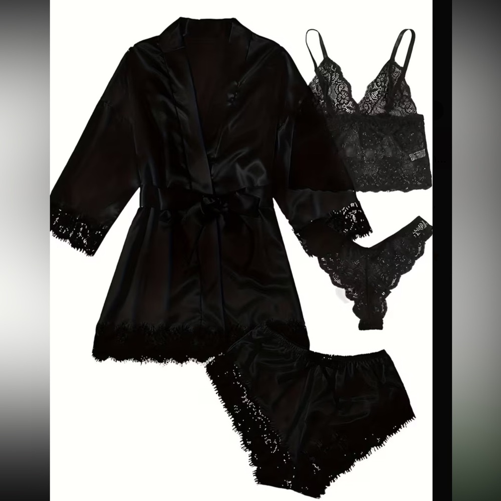 4 piece Black Lace-Trim Satin Robe & Lingerie Set - Women Intimates